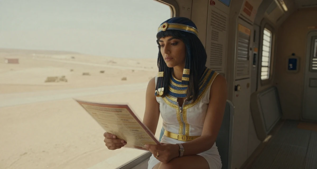 A thoughtful Female From Egypt, majored in archaeology in their 25, optimizing scenes for mood, not explicitness, wearing a race queen outfit with a zipper front and mini skirt, looking at a menu in a spaceship corridor.