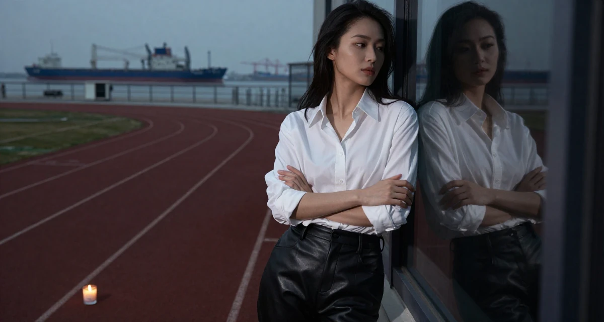 A innocent Female From Guangzhou China, learned fashion styling through studio work in their 27, embracing natural beauty and minimalism, wearing a black leather trousers and a crisp white blouse, checking a reflection in a window in a running track.