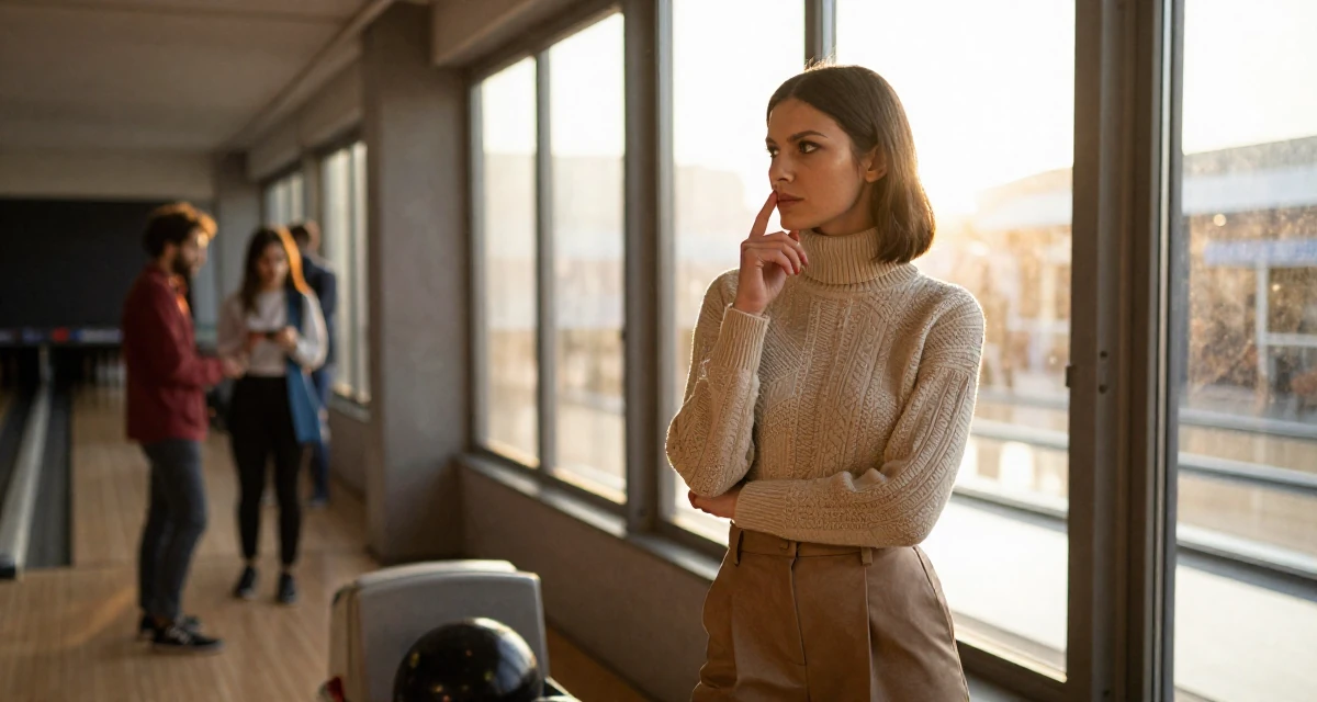 A resolute Female From Bucharest Romania, trained in expressive posing in their 28, leading a small team for the first time, wearing a turtleneck sweater tucked into high-waisted shorts, looking out the window in a bowling alley.