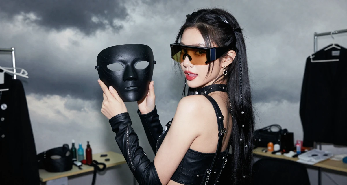 A playful Female Previously a hairstylist, now showcasing transformation-driven content in their 24, crafting visual stories with romantic–sensual undertones, wearing a cyberpunk hacker outfit with oversized tech glasses, holding a mask (cosplay/prop) in a backstage dressing room.