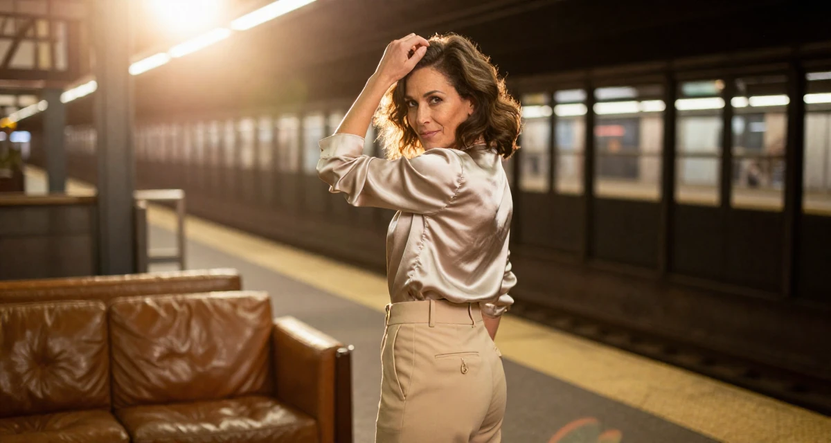 A teasing Female From Chicago USA, practiced nightlife photography storytelling in their 46, wellness advocate for women over 40, wearing a high-waisted beige trousers and a tucked-in satin blouse, scratching a head lightly in a subway platform.