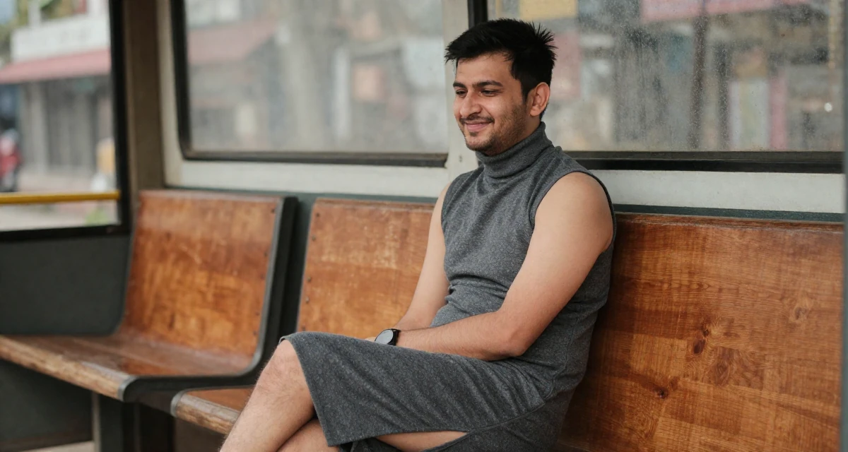 A lazy male Grew up in Nepal, majored in marketing analytics in their 31, sharing the reality of post-partum recovery, wearing a sleeveless turtleneck dress with high side slits, laughing softly in a bus stop.