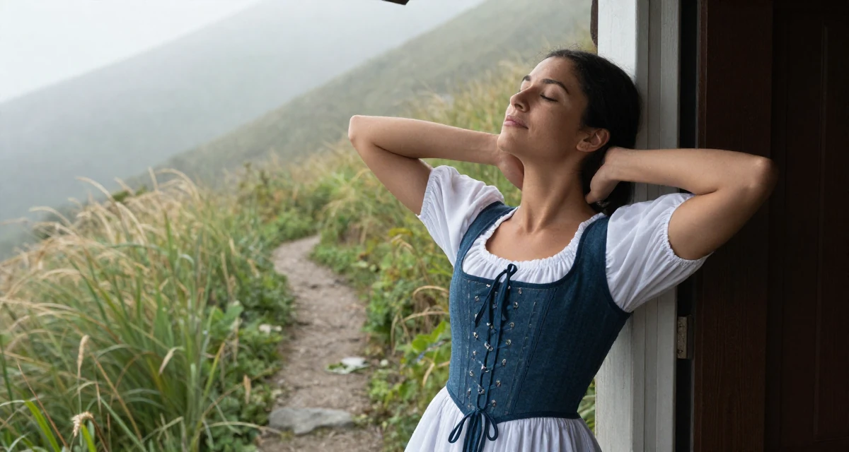 A relieved Female Raised in Canada, majored in fine arts in their 34, wearing success like a second skin, wearing a peasant girl corset dress with a white blouse, stretching the neck in a mountain trail.