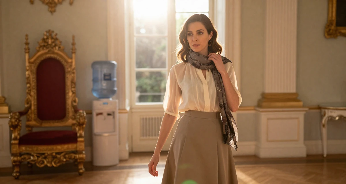 A pensive Female From Canada, trained in advertising and branding in their 41, rediscovering personal style after forty, wearing a sheer sleeve blouse and a high-waisted skirt, adjusting a scarf in a royal palace throne room.