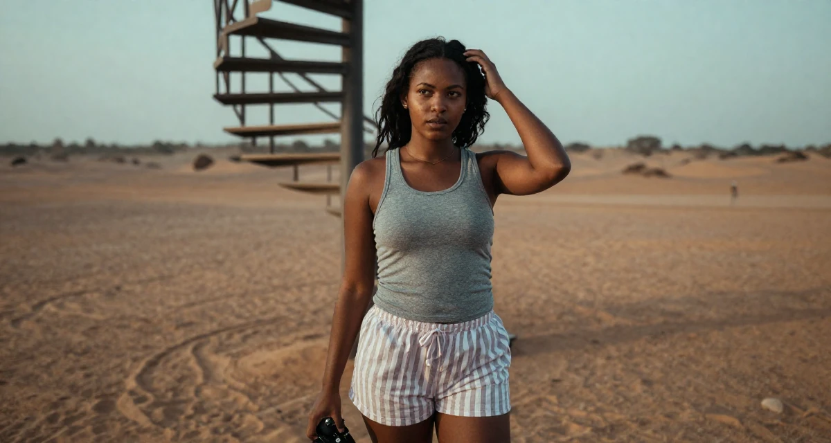 A focused and sharp Female From Mombasa Kenya, studied hospitality in their 25, trying to build an aesthetic that feels authentic, wearing a fitted racerback tank and pajama shorts, holding a camera in a desert landscape.