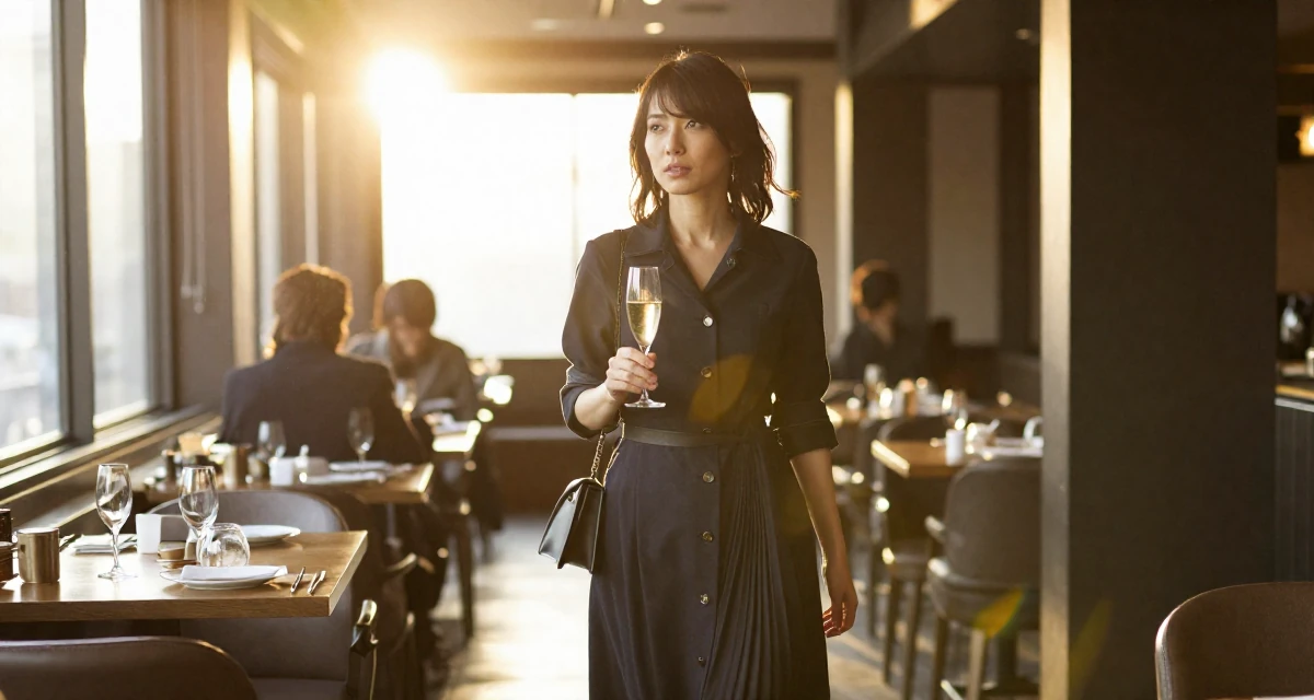 A alert and attentive Female From Tokyo Japan, studied gravure-style posing and aesthetic direction in their 44, building a personal brand on authenticity, wearing a dark academia inspired outfit, holding a champagne glass in a high-end restaurant.