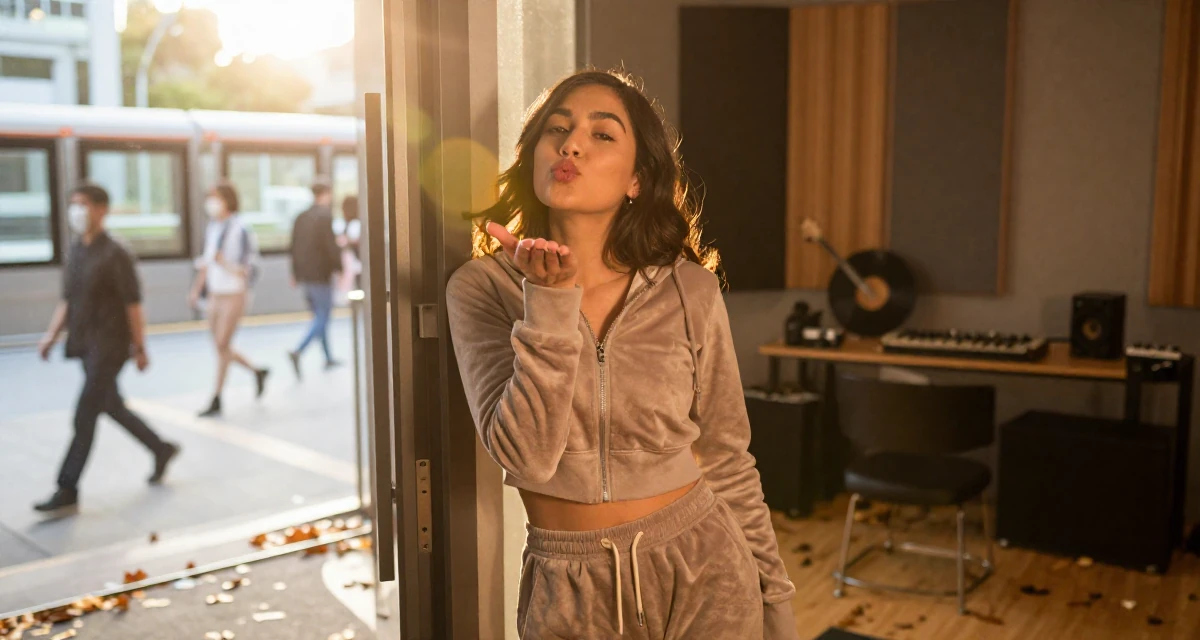 A playful Female From Kuala Lumpur Malaysia, majored in accounting in their 23, experimenting with cooking and home life, wearing a velour tracksuit with a cropped zip-up hoodie, blowing a kiss in a music studio.