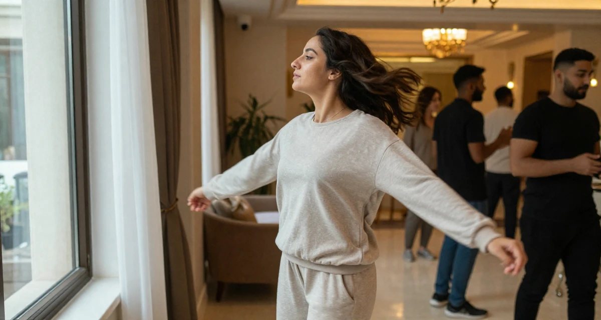 A relaxed Female Born in Egypt, studied public relations in their 22, struggling to stay inspired with limited resources, wearing a comfortable lounge wear set, looking out the window in a luxury spa room.