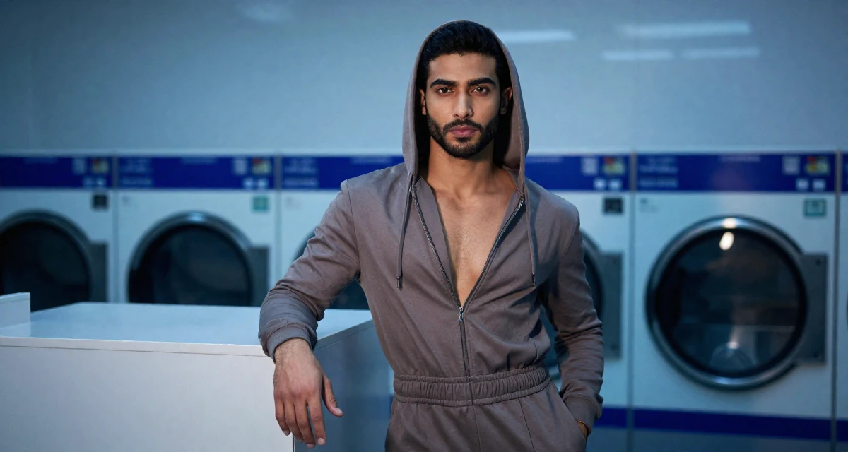 A stoic and strong male Raised in the UAE, studied consumer behavior analytics in their 21, hiding insecurity behind a perfect makeup look, wearing a tailored jumpsuit with a deep v-neck, zipping up a hoodie in a laundromat.
