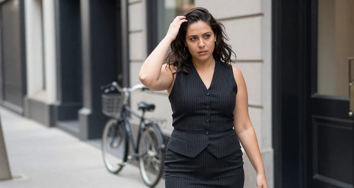 A aloof but intriguing Female From USA, studied political science in DC in their 33, documenting a weight loss and health journey, wearing a pinstripe pencil skirt and a matching vest top, fixing a loose strand of hair in a city sidewalk.