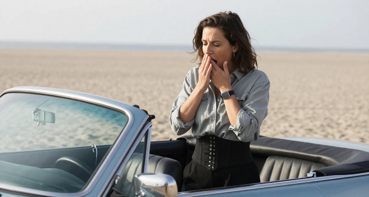 A focused Female From Copenhagen Denmark, studied influencer branding and content campaigns in their 42, expert consultant sharing industry secrets, wearing a button-up shirt with a corset belt and black pants, stifling a yawn in a vintage convertible car.