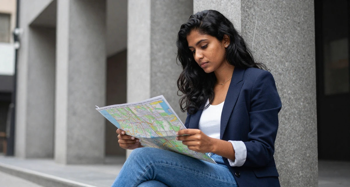 A quiet Female From Sri Lanka, studied digital commerce in their 23, feeling the thrill of posting a bold outfit for the first time, wearing a business casual outfit with jeans and a blazer, looking at a map in a urban street.