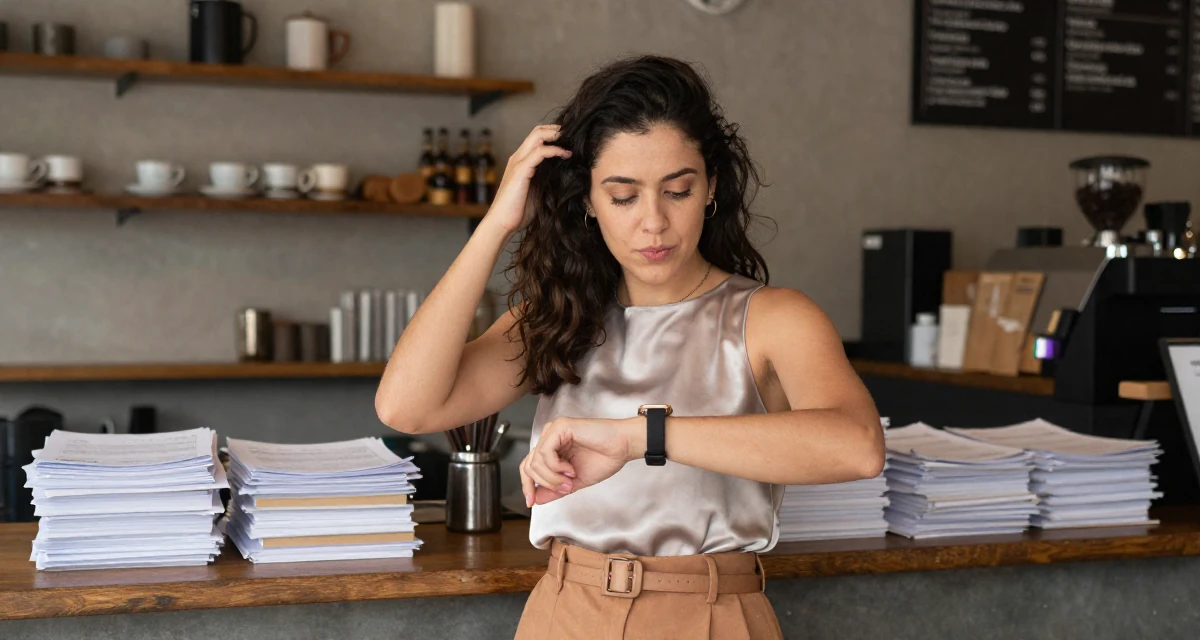 A lighthearted Female From Brazil, studied logistics engineering in their 20, experiencing the first taste of freedom away from home, wearing a sleeveless silk top and a high-waisted skirt, checking a wristwatch in a trendy coffee shop.