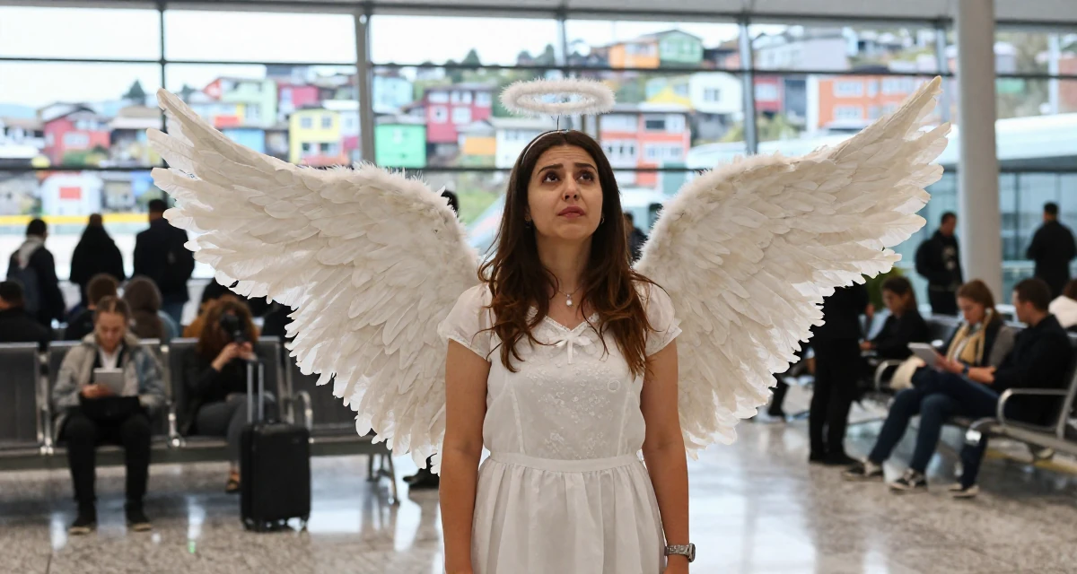 A passionate Female From Azerbaijan, majored in petroleum engineering in their 28, dealing with fatigue from years of online performance, wearing a angel costume with large feathered wings and a halo, gazing at the sky in a airport departure lounge.