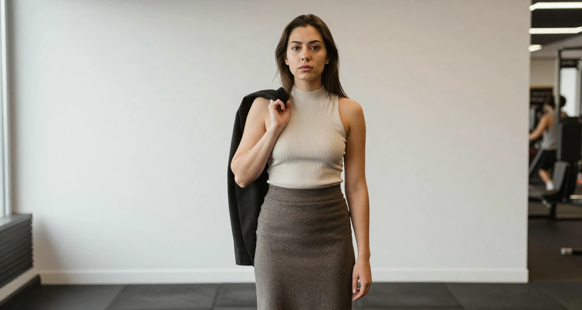 A unimpressed Female Once a hotel bartender, now creating nightlife-themed fan content in their 22, exploring early career opportunities, wearing a ribbed mock neck top and a long wool skirt, holding a jacket over a shoulder in a gym interior.