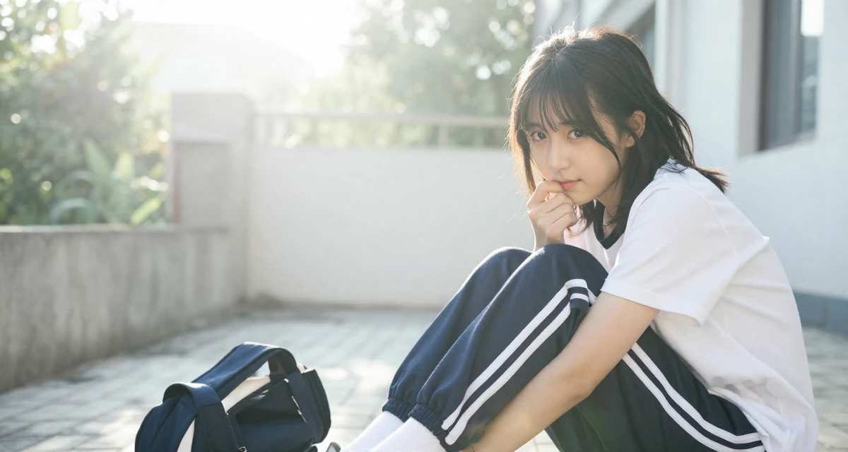 A witty Female Once a junior photographer, now the subject of her own shoots in their 23, trying to collaborate with other creators for visibility, wearing a school gym uniform with bloomers and a white t-shirt, biting the lower lip softly in a sunny patio.