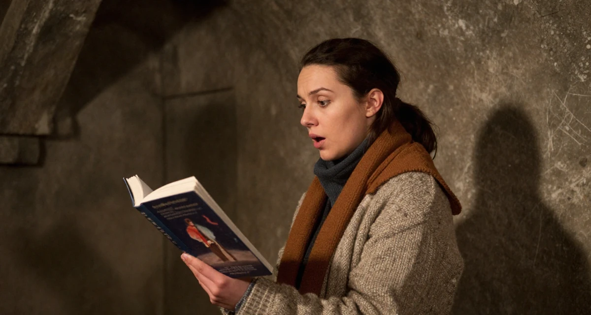 A awestruck Female Once a biology teacher, now exploring artistic movement expression in their 23, realizing content creation requires real discipline, wearing a warm winter layered look, reading a book intently in a dungeon cell.