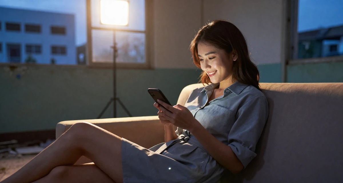 A smiling gently Female From Manila Philippines, learned stage presence from bar performance work in their 32, managing long-distance relationship, wearing a belted shirt dress with rolled sleeves, reading a text message in a abandoned hospital.
