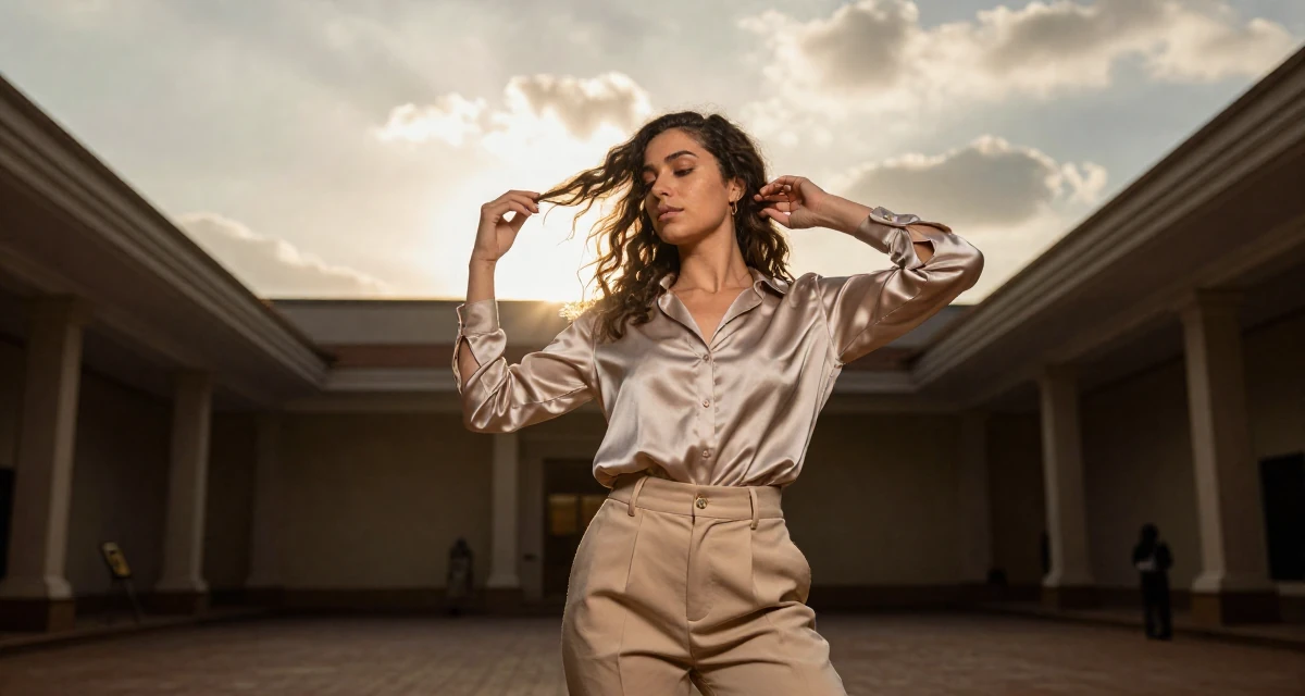 A calm Female From Nairobi Kenya, trained in expressive dance and confident movement in their 26, exploring digital nomad life, wearing a high-waisted beige trousers and a tucked-in satin blouse, tucking hair behind an ear in a museum exhibit.