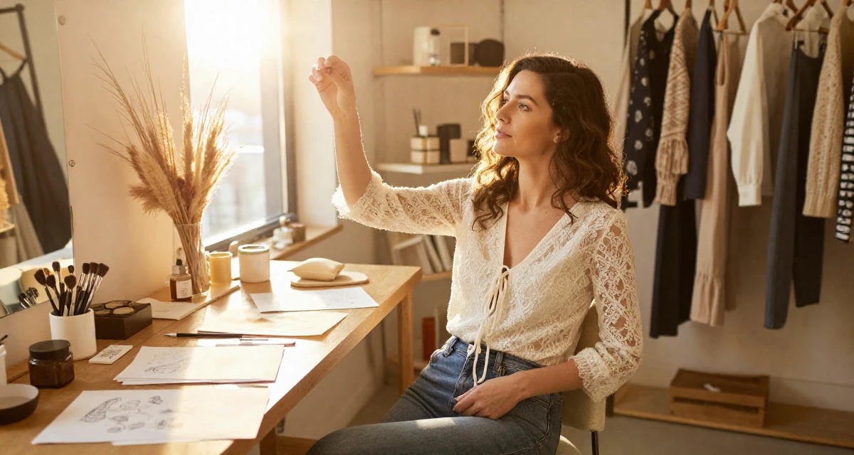 A serene Female Former receptionist at a spa, now blending wellness with creator content in their 24, reinvesting earnings in better lighting and props, wearing a lace-up front top and skinny jeans, picking something up in a clothing boutique.