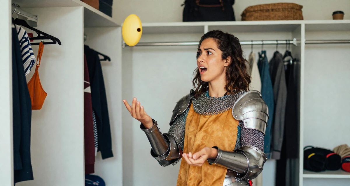 A anxious but excited Female From Cebu Philippines, gained confidence through swimwear modeling gigs in their 26, juggling real-life chaos with online expectations, wearing a female knight armor with a tabard and chainmail, cracking knuckles in a walk-in wardrobe.