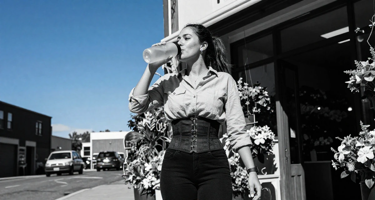 A observant Female Former personal trainer, now documenting transformation journeys for fans in their 38, documenting a home gym transformation, wearing a button-up shirt with a corset belt and black pants, drinking from a water bottle in a flower shop entrance.