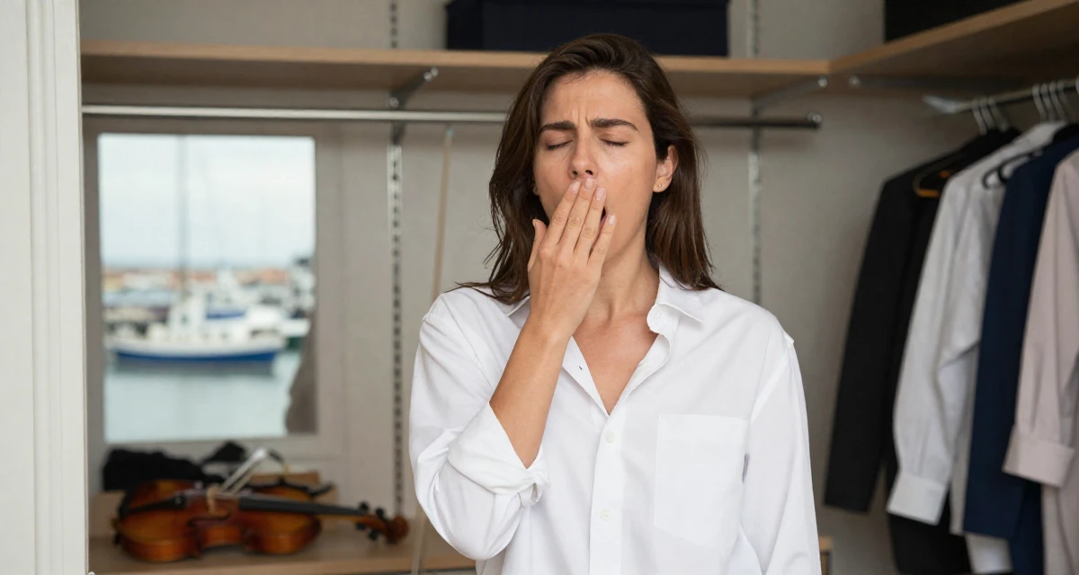 A calm and confident Female Once a violin student, now sharing aesthetic performance clips in their 22, realizing their parents were right about sleep, wearing a white shirt unbuttoned to the chest, stifling a yawn in a walk-in closet.