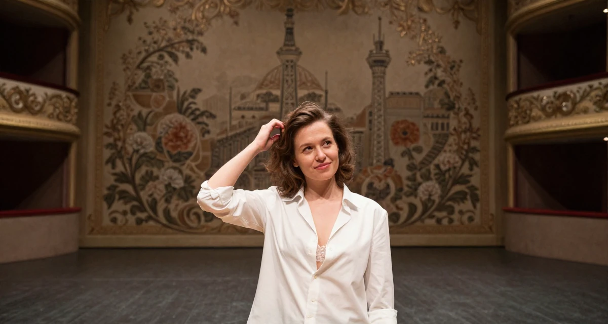 A satisfied Female Born in Ukraine, majored in creative communication in their 45, sharing wisdom on navigating office politics, wearing a white button-down shirt worn open over a lace bra, retouching hair volume in a empty theater stage.