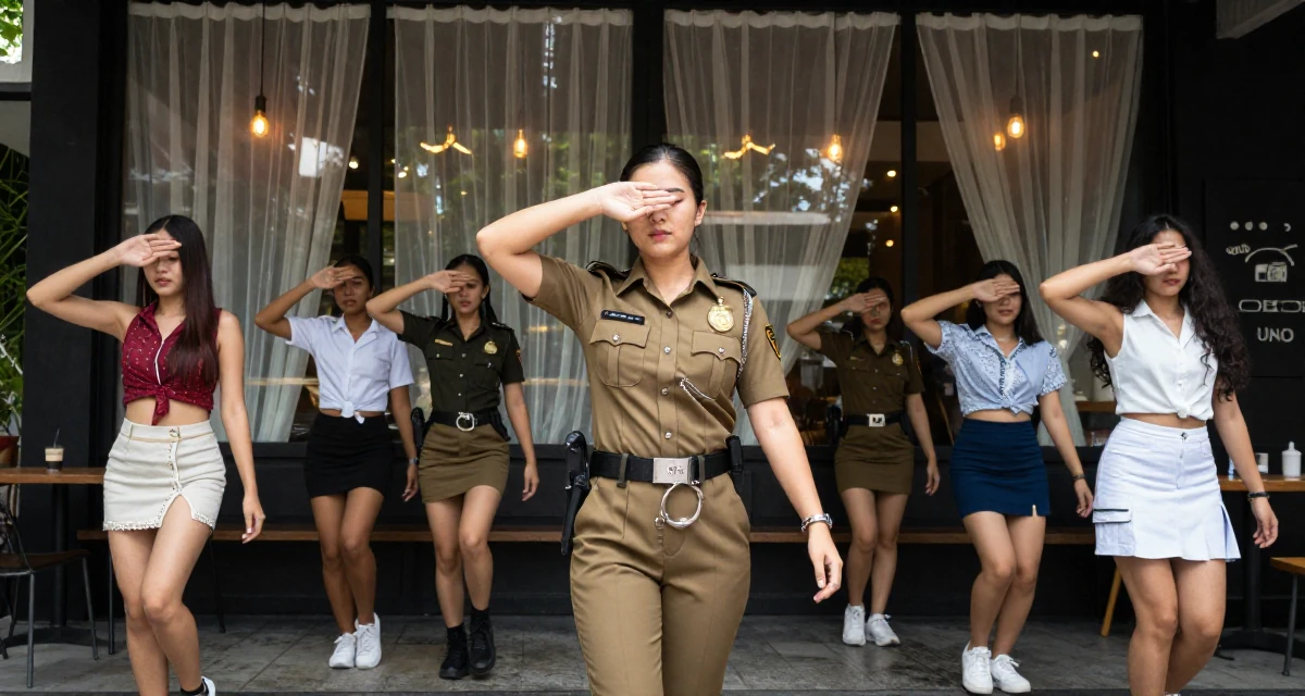 A fragile Female From Bangkok Thailand, learned nightclub choreography and costume design in their 28, leading a small team for the first time, wearing a police officer uniform with a badge and handcuffs, covering eyes from the sun in a trendy coffee shop.
