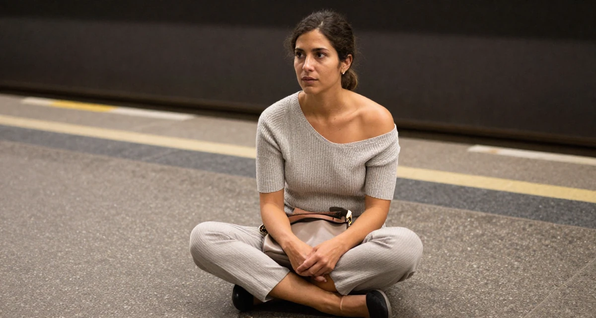 A focused Female From Berlin Germany, holds a degree in media engineering in their 25, strengthening personal boundaries and priorities, wearing a off-the-shoulder knit top and dress pants, holding a purse tightly in a subway platform.