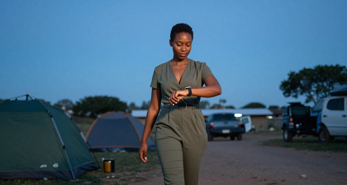 A tranquil Female From South Africa, majored in development studies in their 24, exploring side hustles to supplement income, wearing a tailored jumpsuit with a deep v-neck, checking a wristwatch in a camping site.