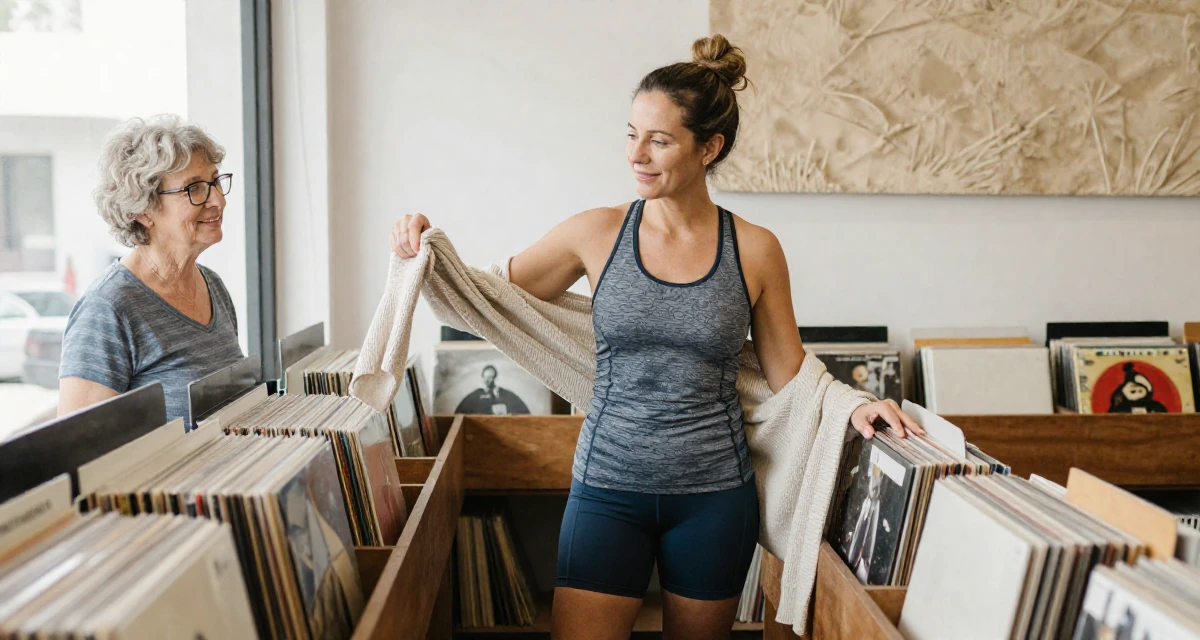A friendly and approachable Female From Rwanda, majored in social innovation in their 40, navigating the balance of career and aging parents, wearing a strappy gym top and compression shorts, pulling a sweater sleeves over hands in a vintage record store.