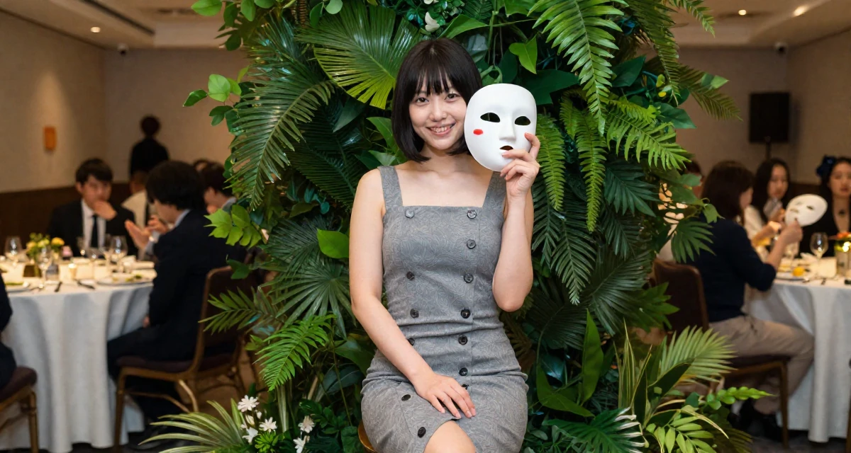 A happy Female From Osaka Japan, learned cosplay craftsmanship and character styling in their 25, balancing innocence and boldness in early shoots, wearing a fitted midi skirt with buttons down the front, holding a mask (cosplay/prop) in a banquet hall.