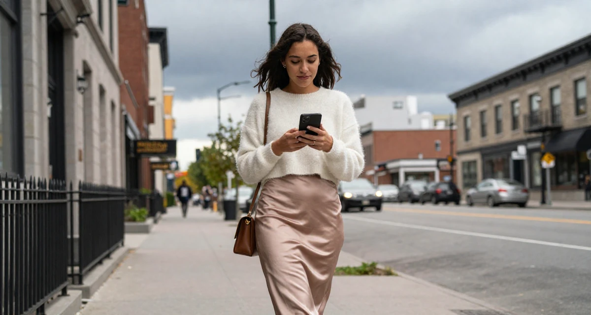 A lighthearted Female From Montreal Canada, holds a degree in French literature in their 20, spending too much time scrolling social media, wearing a satin midi skirt and a fuzzy cropped sweater, picking something up in a city sidewalk.