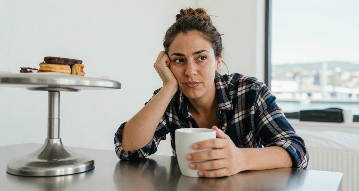 A humble Female Once a pastry chef, now blending cooking with playful creator energy in their 34, creating content about pet care and training, wearing a casual plaid button-down, holding a coffee cup with both hands in a minimalist bedroom.