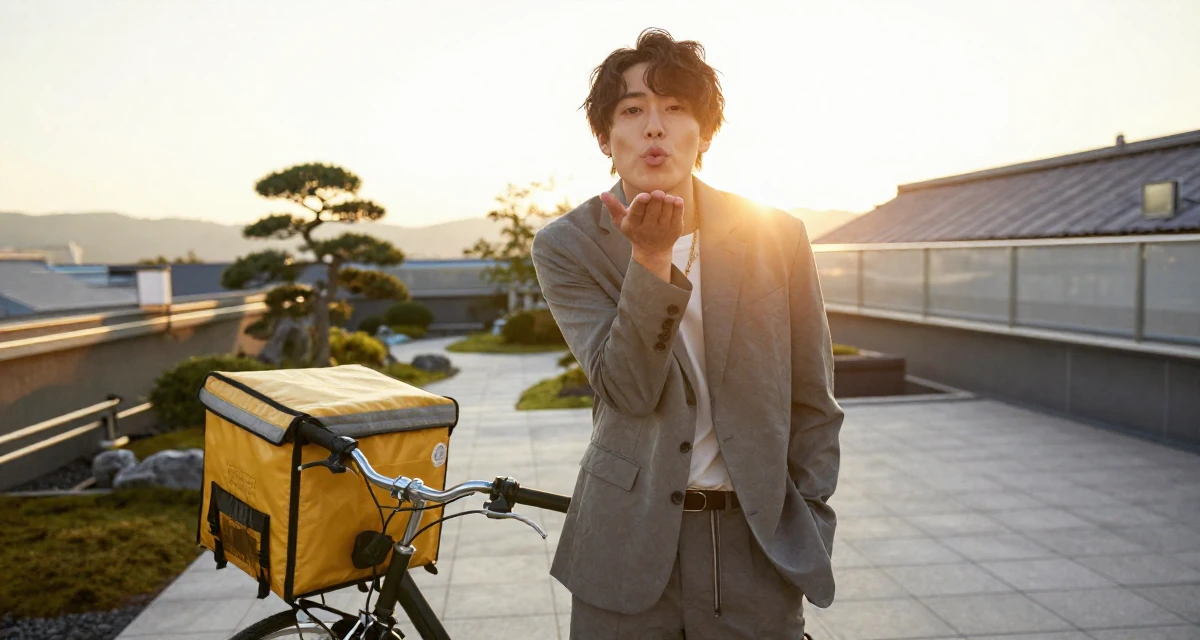 A resilient male Former food delivery biker, now exploring creator freedom in their 25, becoming more selective with fan interactions, wearing a relaxed fit suit separate, blowing a kiss in a rooftop terrace.