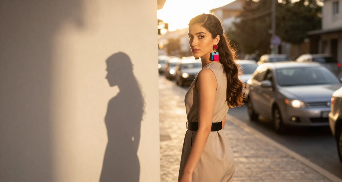A elegant Female From Arabic-speaking world, studied international logistics in their 20, trying to balance academic pressure and social life, wearing a pop of color accessory look, watching traffic pass by in a fashion runway.