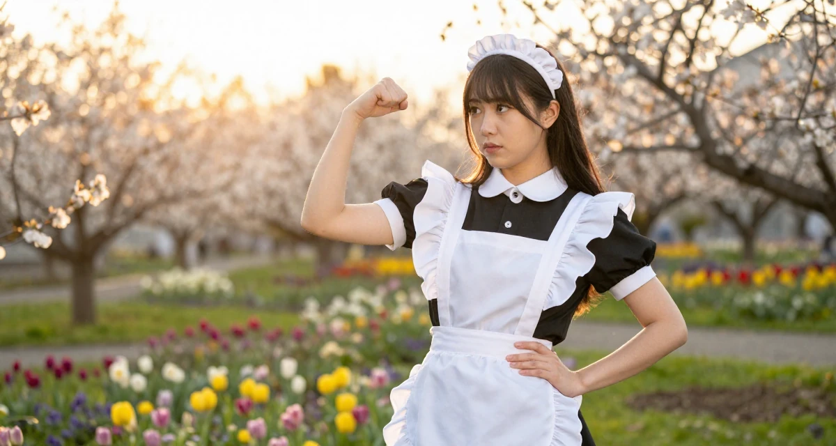 A confused Female From Switzerland, based in Zurich, graduated from a creative institute majoring in high-end glam production in their 25, building long-term loyalty with core subscribers, wearing a maid outfit with a white apron and ruffled headband, taking a photo in a blooming flower garden.
