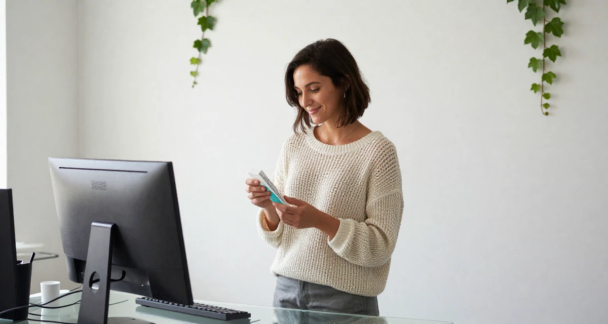 A friendly Female Raised in Sweden, studied creative technology in their 26, cutting off toxic relationships and habits, wearing a loose open-knit sweater showing skin underneath, examining a product in a office workspace.