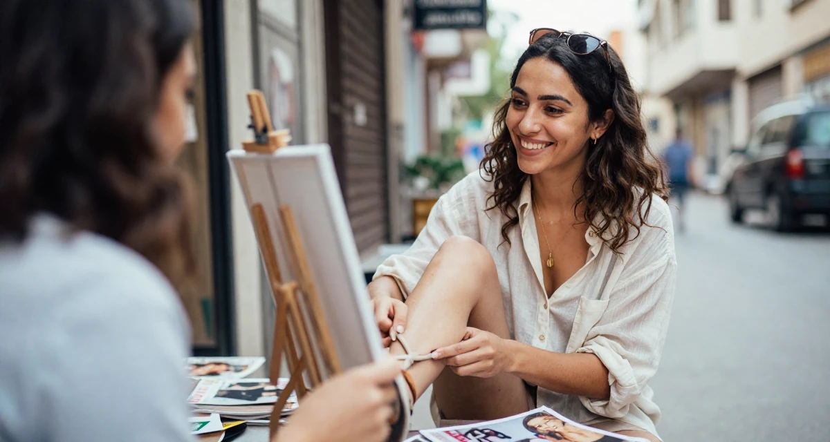 A blissful Female From Egypt, majored in archaeology in their 38, rediscovering old hobbies like painting, wearing a lightweight chiffon blouse slightly unbuttoned, smiling at a stranger in a neon-lit street.
