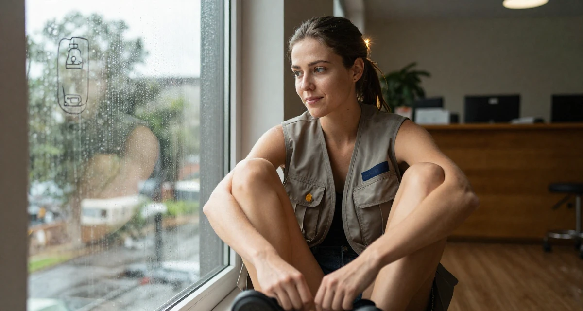 A sympathetic Female Previous dental assistant, now exploring body-empowerment narratives in their 23, staring pensively out a rain-streaked window, wearing a urban explorer utility vest look, looking down at shoes in a sunlit living room.