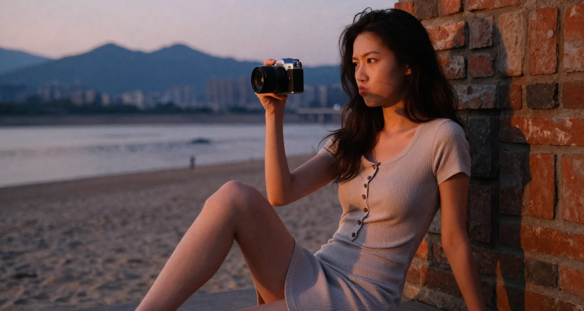 A pouting Female From Chongqing China, trained in yoga and body-movement expression in their 25, over the drama of early 20s nightlife, wearing a ribbed cotton dress with buttons down the front, holding a camera ready to shoot in a sunset beach.