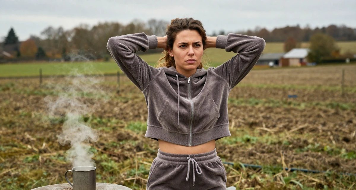A stressed Female From Lyon France, studied fashion marketing in their 22, confronting self-doubt in early career roles, wearing a velour tracksuit with a cropped zip-up hoodie, pulling a sweater sleeves over hands in a farm field.