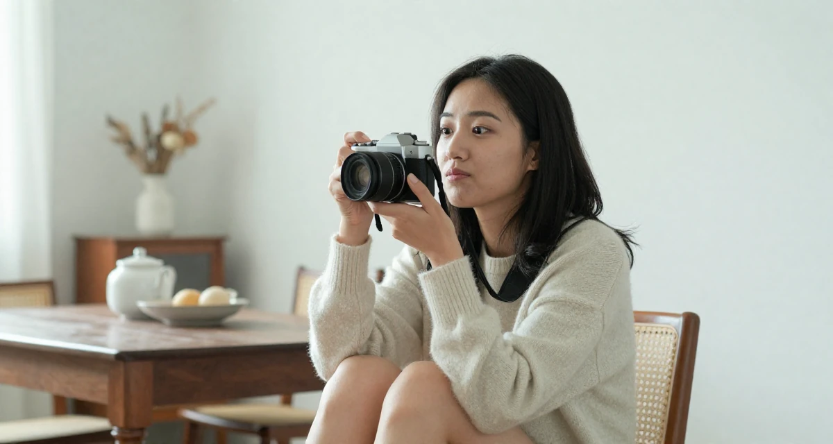A whimsical Female From Chinese-speaking regions, majored in marketing analytics in their 23, enjoying the first taste of disposable income, wearing a soft cashmere sweater worn with nothing visible underneath, holding a camera ready to shoot in a dining room.