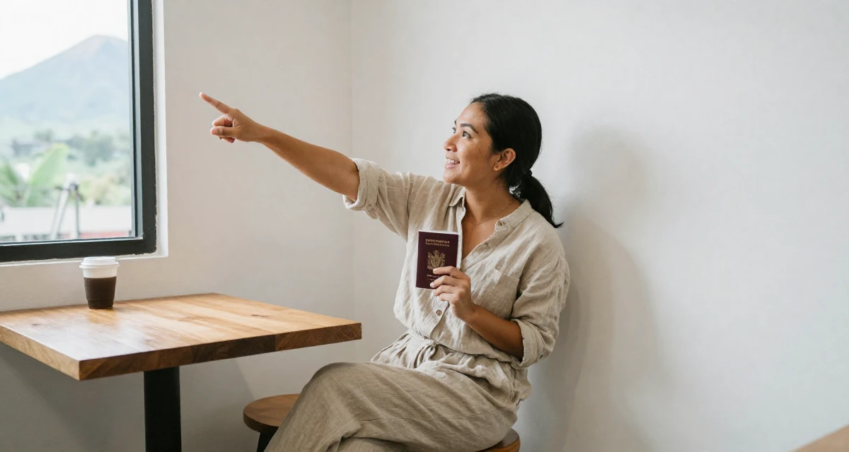 A relaxed Female From the Philippines, majored in creative writing in their 40, sharing the joy of adoption and family, wearing a loose-fitting linen trousers, holding a passport in a coffee shop corner.