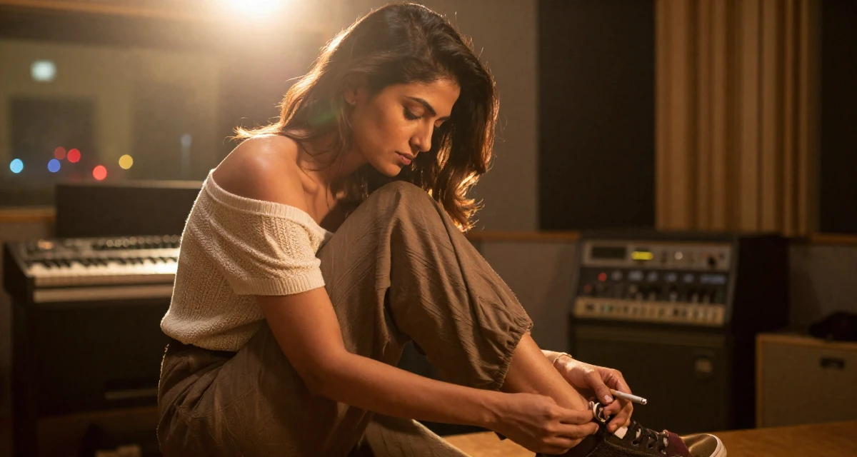 A deeply thinking Female Raised in Bangladesh, studied consumer insights in their 30, feeling pride and fatigue in equal measure, wearing a off-the-shoulder knit top and dress pants, holding a cigarette (lit or unlit) in a music recording studio.