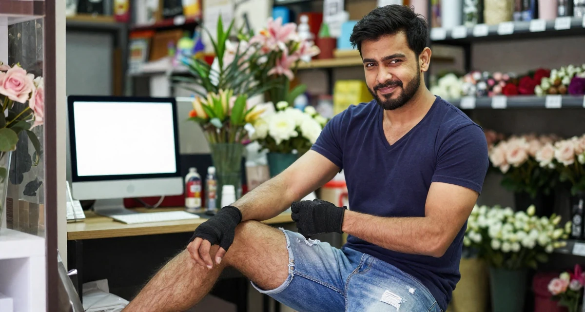 A witty male Grew up in Nepal, majored in marketing analytics in their 31, starting fitness journey, wearing a deep v-neck t-shirt and distressed denim shorts, putting on a glove in a flower shop.