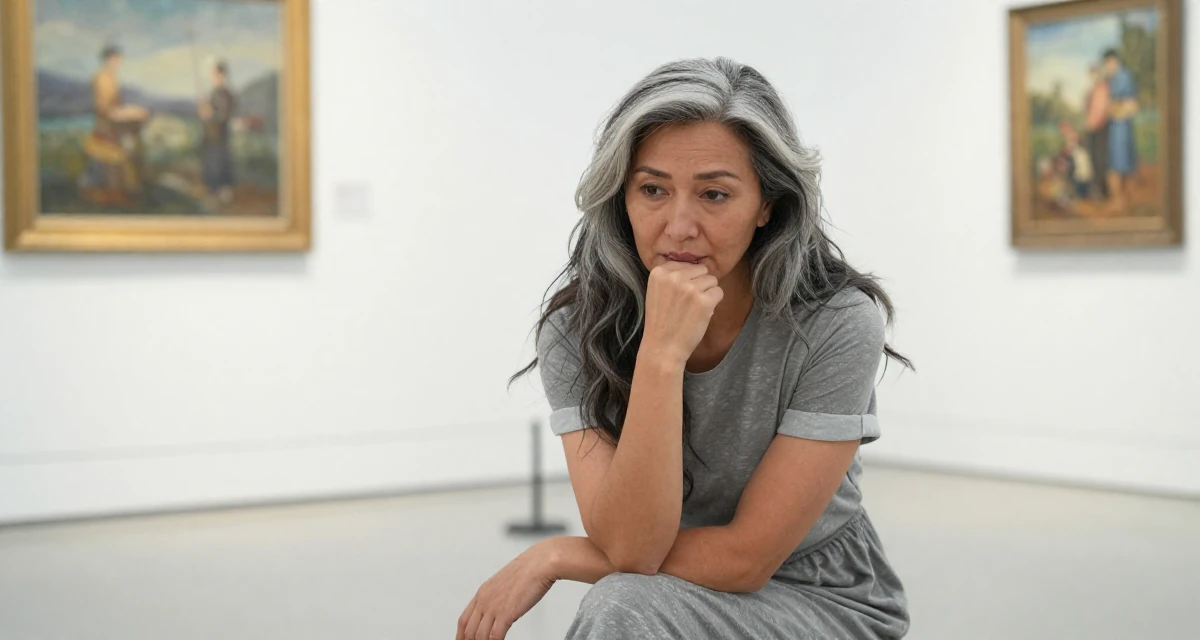 A sentimental Female From Mongolia, based in Ulaanbaatar, graduated from a national university majoring in media studies in their 48, embracing grey hair with style and grace, wearing a t-shirt dress with the sleeves rolled up, biting the lower lip softly in a art gallery hall.