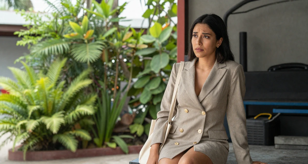 A worried Female From Mexico City Mexico, learned expressive movement through Latin dance in their 25, taking first steps toward financial autonomy, wearing a double-breasted blazer dress with gold buttons, carrying a tote bag in a mechanic garage.
