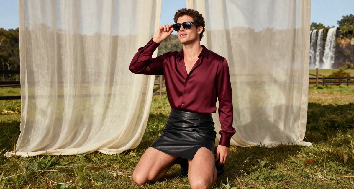 A relieved male Grew up in Argentina, majored in audiovisual production in their 24, taking care of their physical health consistently, wearing a burgundy silk blouse and black leather skirt, putting on sunglasses in a farm field.